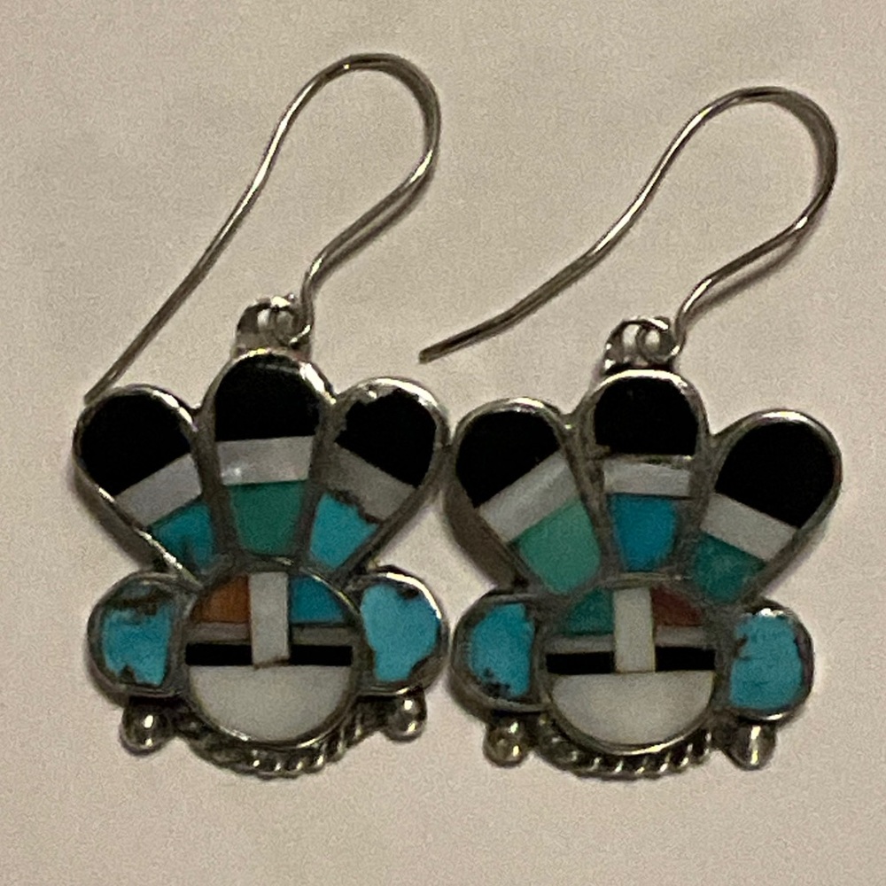 Zuni Sterling Silver Inlay Sun God Turquoise Earrings